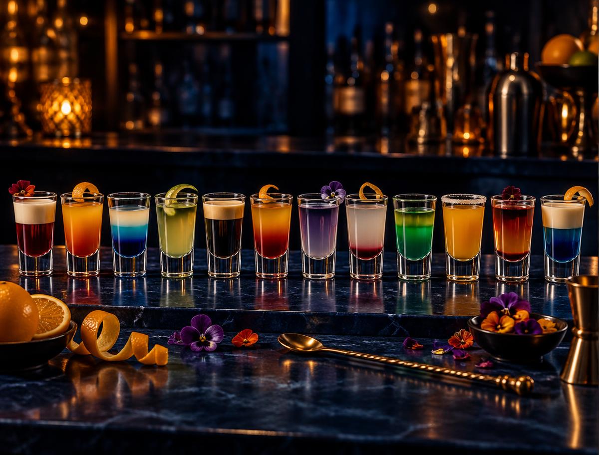 Fila de vasos de shots con mezclas de colores, cítricos y flores comestibles