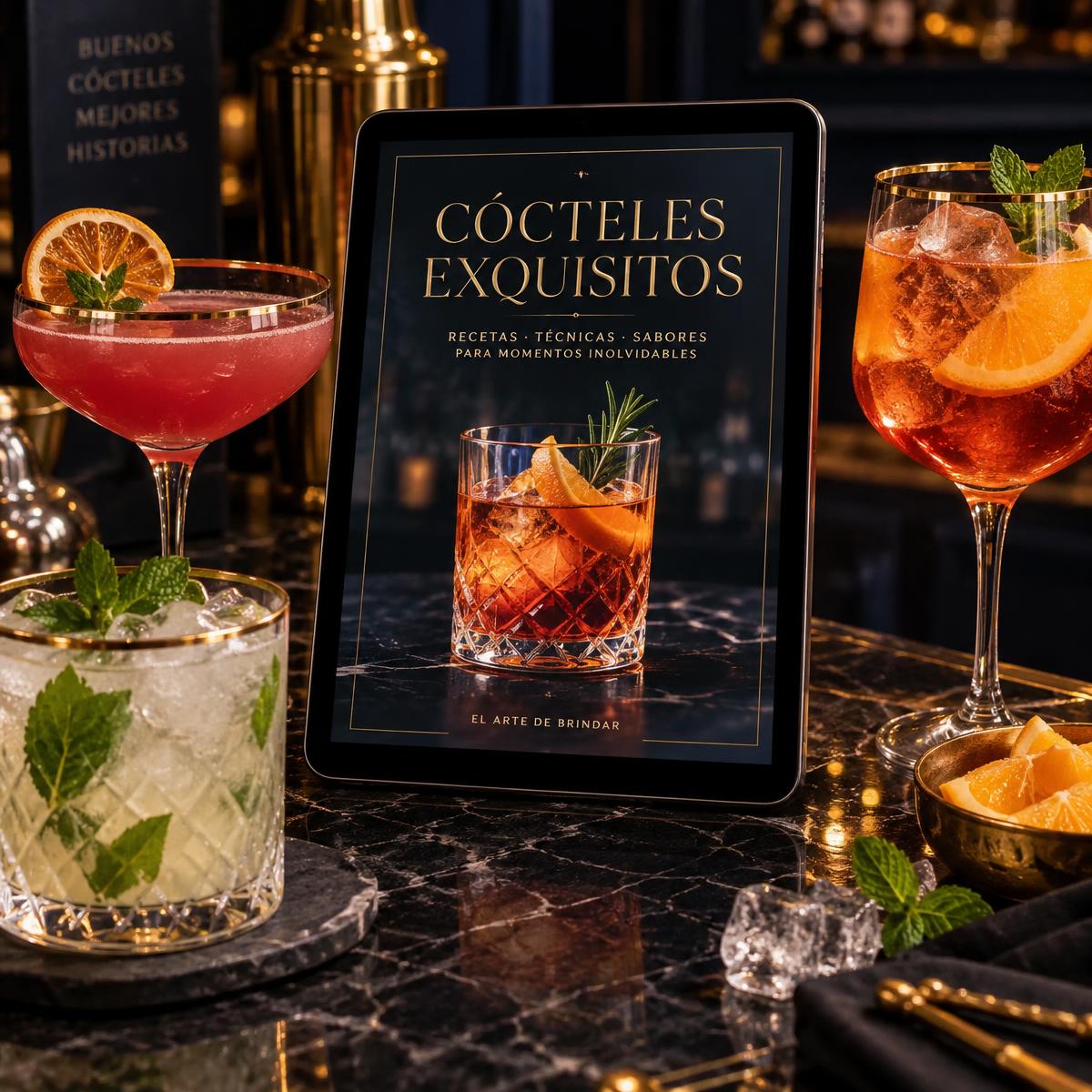 Ebook Cócteles Exquisitos en una tablet rodeado de cócteles